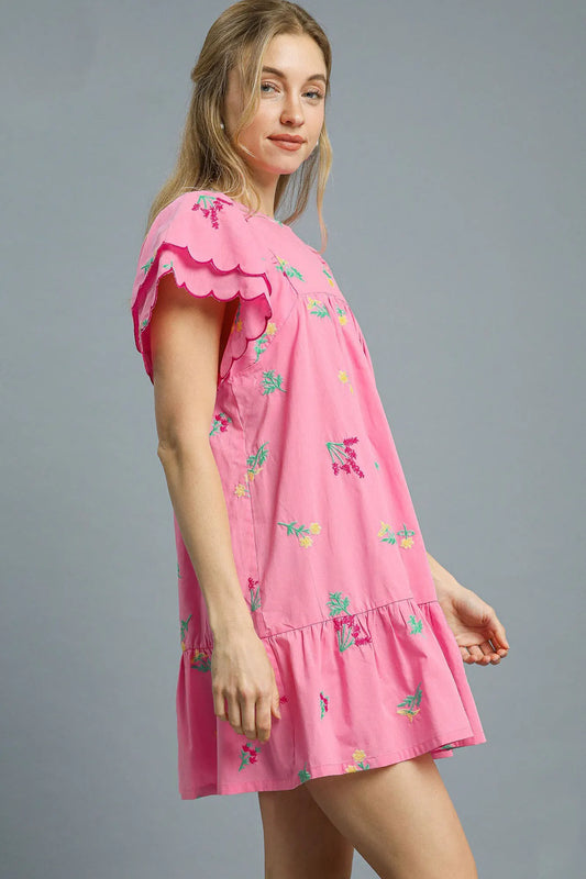 Floral Embroidered Short Sleeve Mini Dress - Pink - product view 2