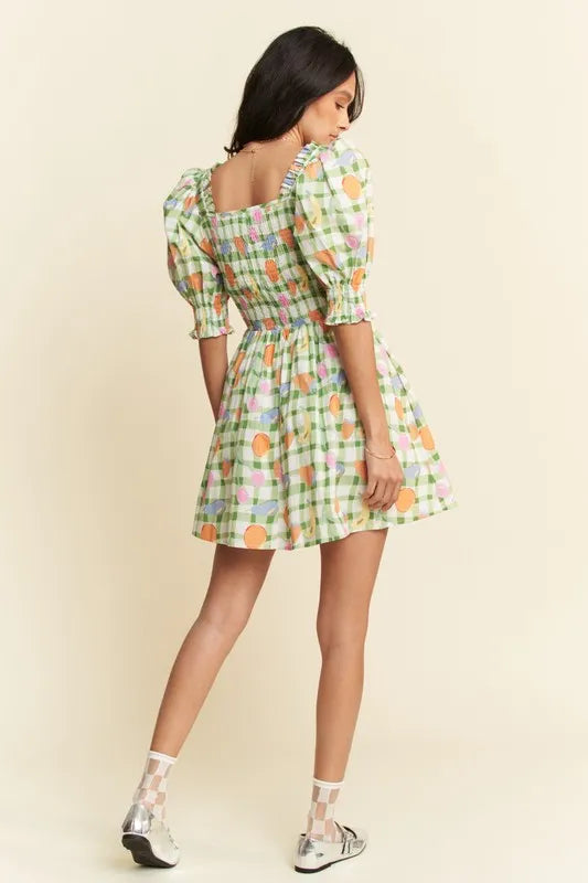 Fruits Printed Smocking Mini Dress - Sage - product view 7