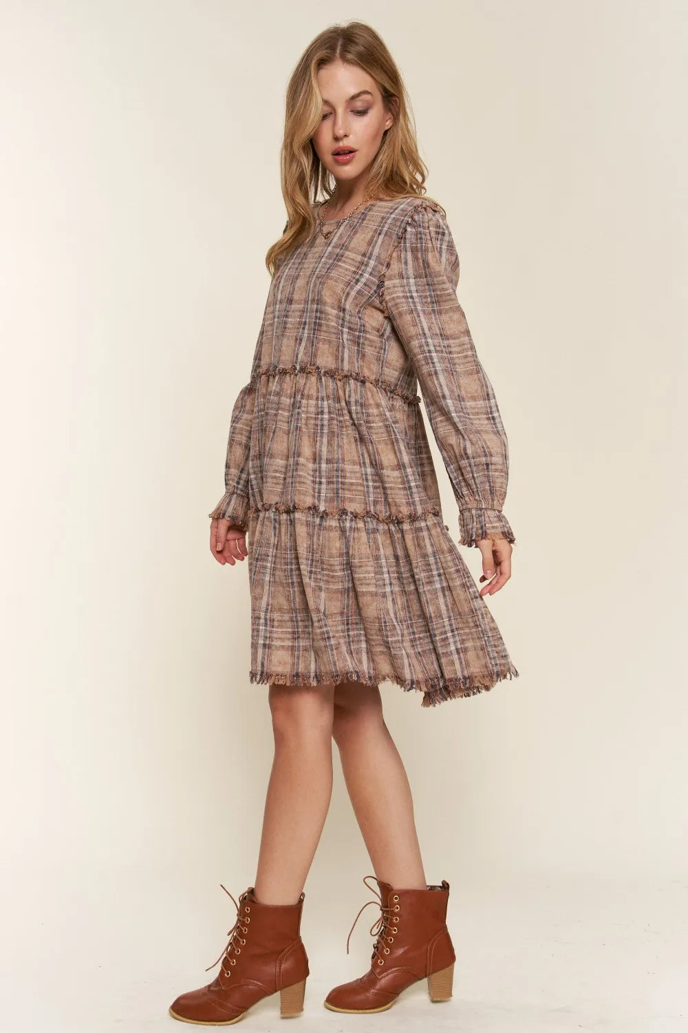Full Size Washed Frayed Tiered Plaid Dress in Brown - product view 4