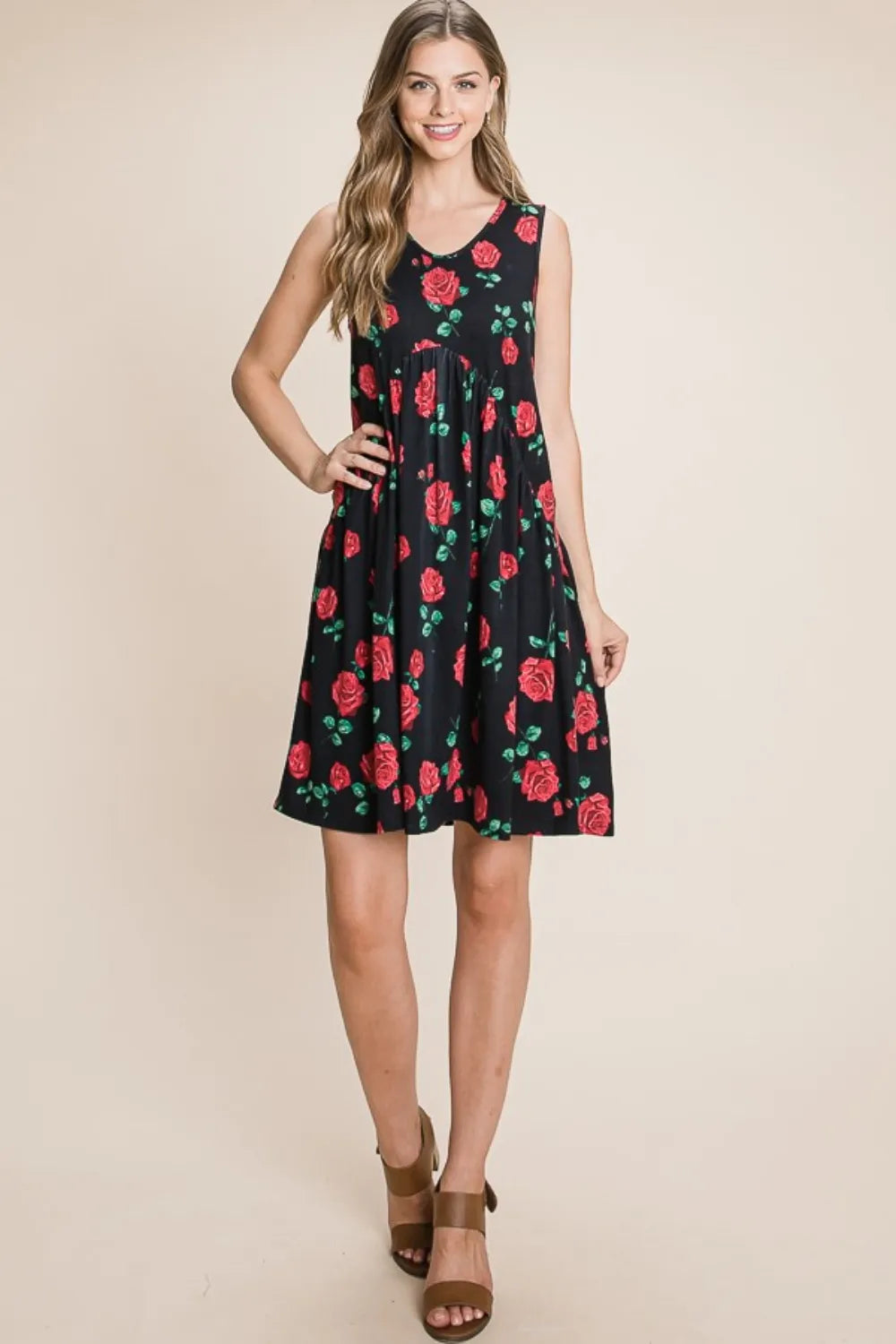 Floral Ruched Tank Dress in Black - product view 5