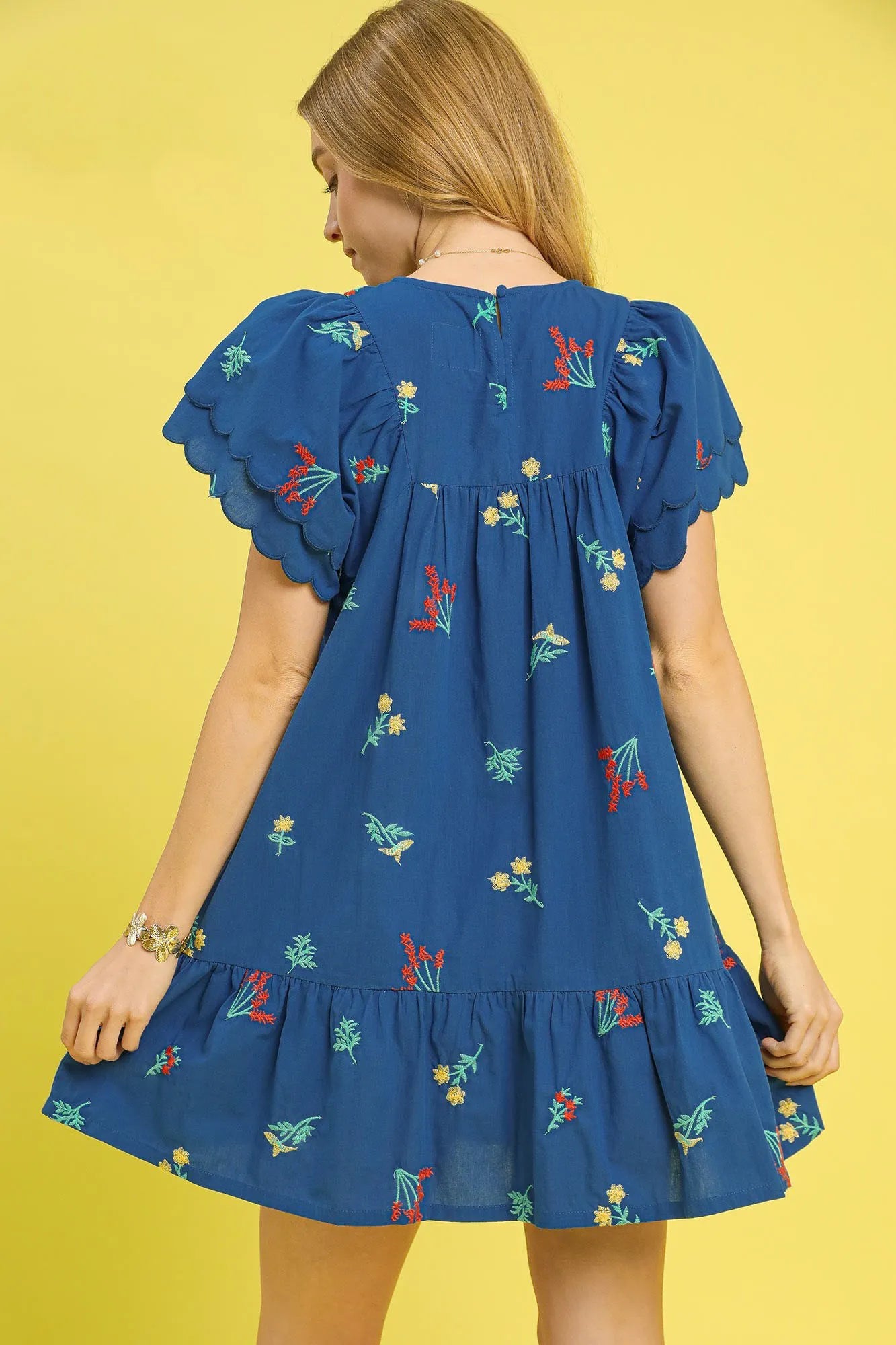 Floral Embroidered Short Sleeve Mini Dress - Dark Blue - product view 3
