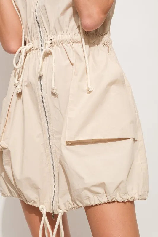 Short Sleeve String Details Hooded Mini Dress in Almond - product view 9