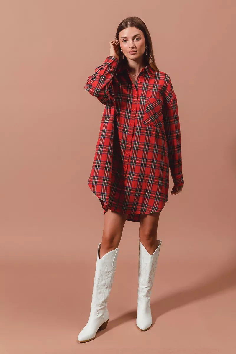 Christmas Checker Plaid Button Up Shirt Dress in Red Multi - product view 11