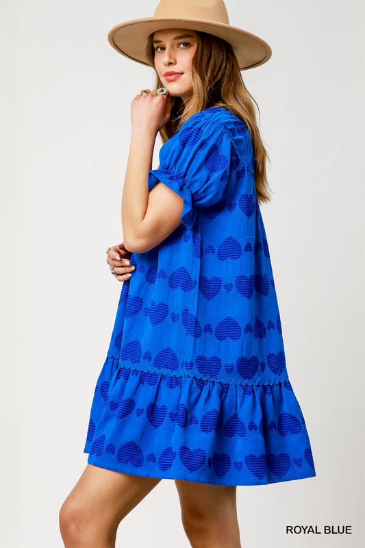 Heart Pattern Short Sleeve Ruffle Babydoll Dress - Royal Blue - product view 2