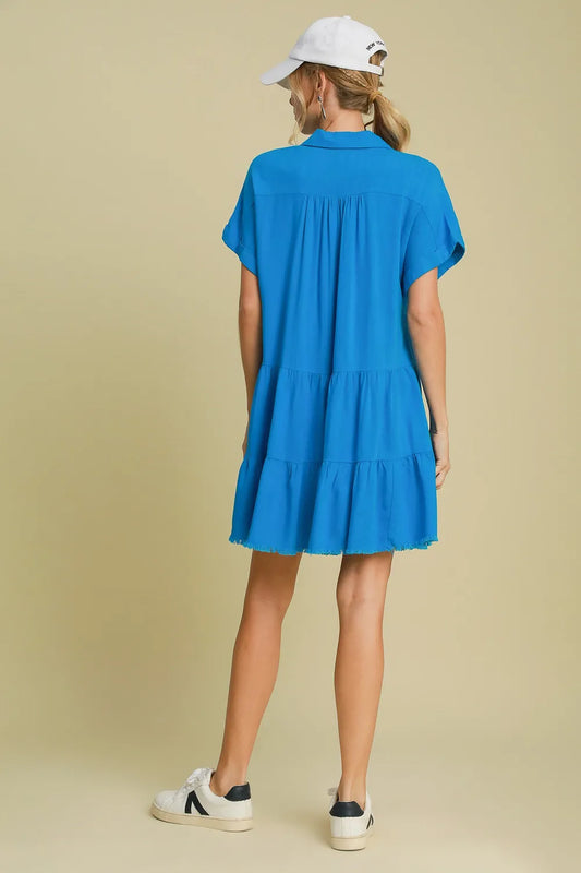 Full Size Raw Hem Folded Sleeve Tiered Dress Plus Size - Blue - product view 2