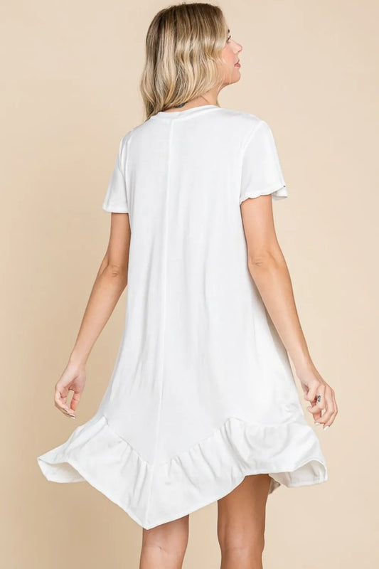 Full Size Short Sleeve Ruffled Asymmetric Hem Dress - Soft White - product view 2