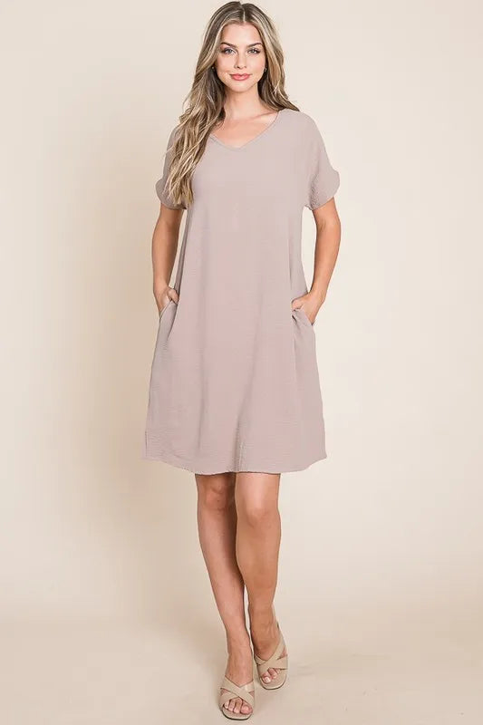 V-Neck Short Sleeve Dress with Pockets - Dust Storm - product view 4