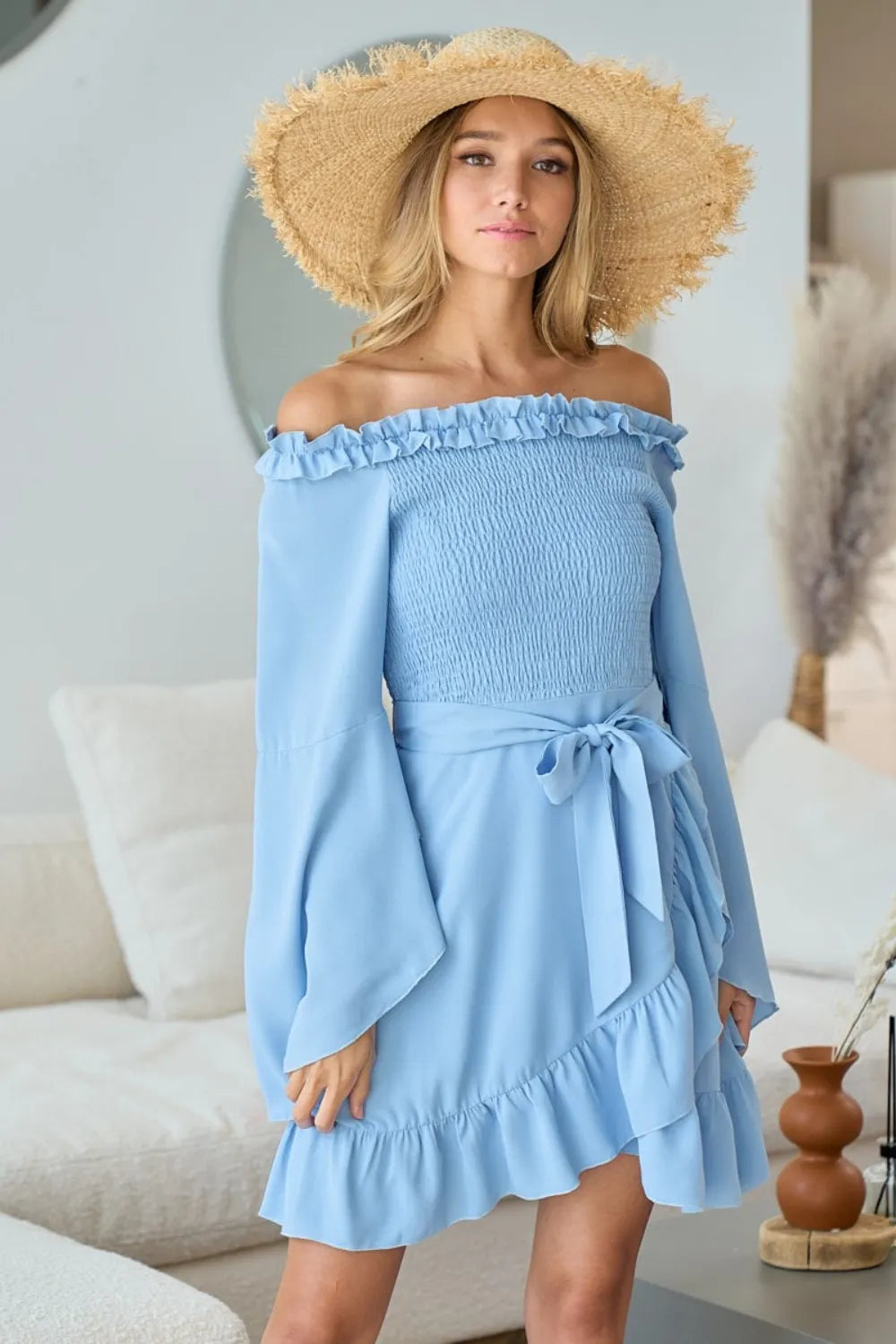 Smocked Ruffled Front Tie Mini Dress in Ice Blue - product view 5