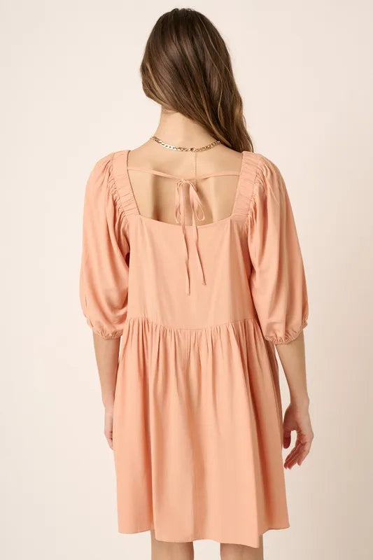 Pintuck Detail Tie Back Mini Dress in Apricot - product view 2