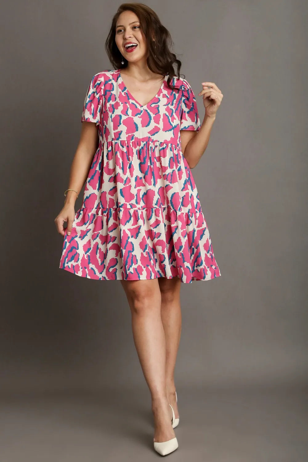 Full Size Abstract Print Pleat Detail Short Sleeve V-Neck Tiered Dress Plus Size in Creammix - product view 6