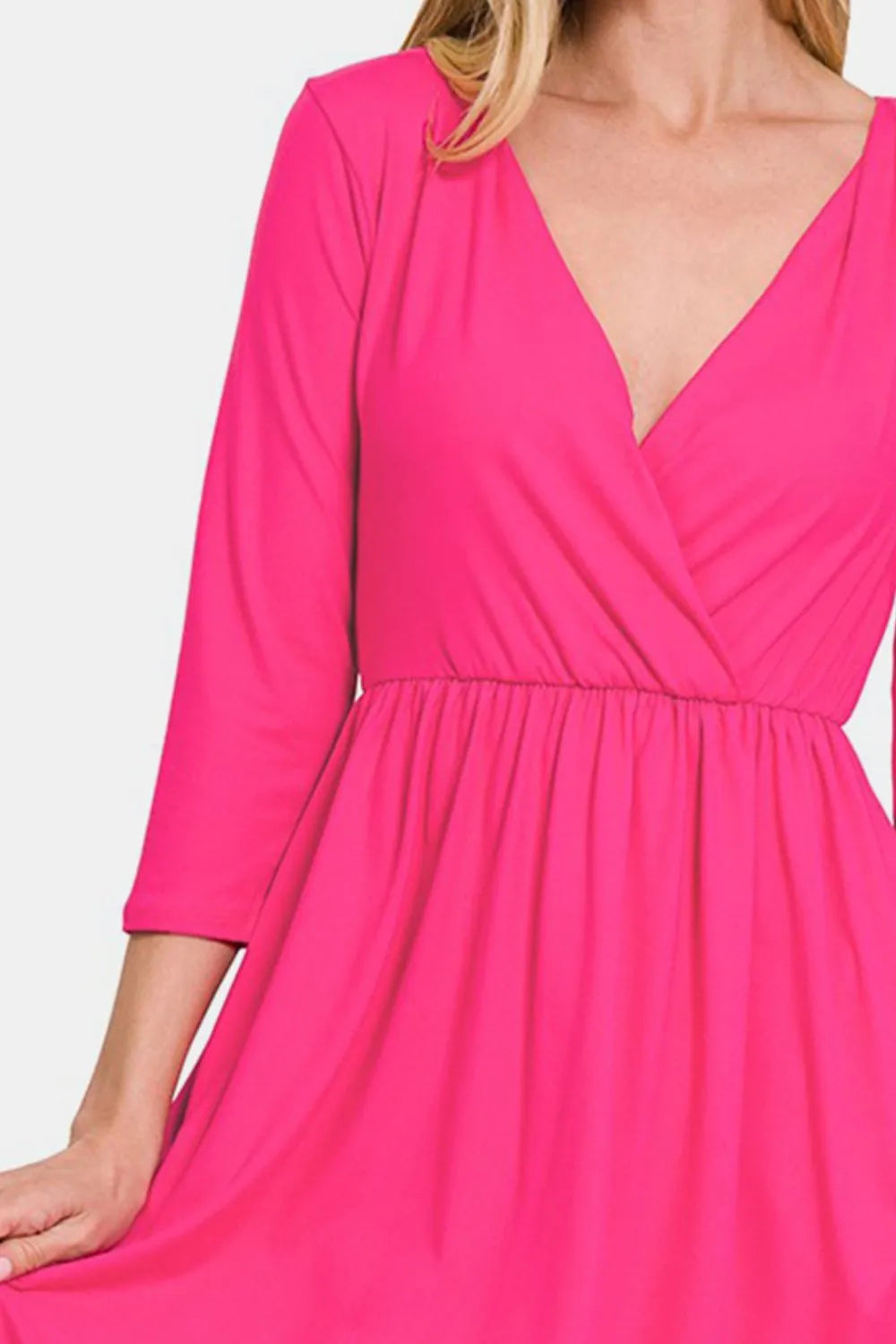 Three-Quarter Sleeve Surplice Dress with Pockets in Hot Pink - product view 3