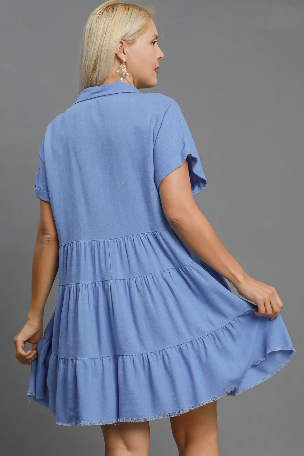 Full Size Raw Hem Folded Sleeve Tiered Dress Plus Size - Sky Blue - product view 3