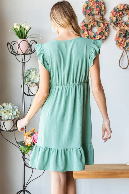 Full Size Short Sleeve V-Neck Ruffled Hem Dress in Dusty Sage - product view 2
