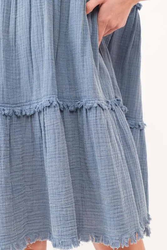 Washed Frayed Detail Tiered Dress - Blue - product view 7