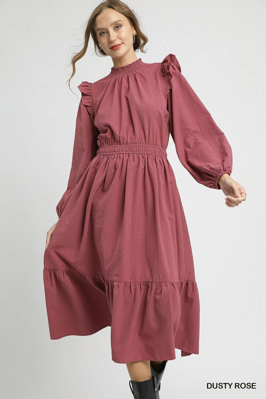Textured Midi Dress with Ruffle Shoulder Detail - Dusty Rose - product view 2
