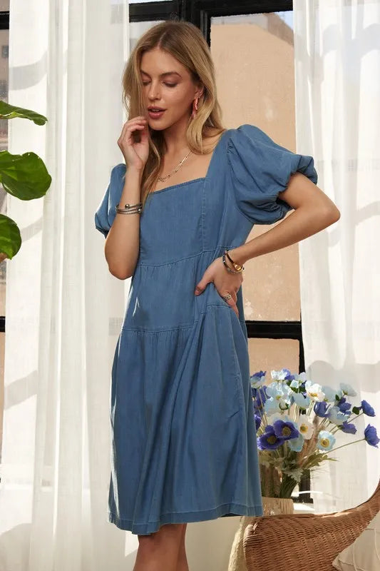 Square Neck Puff Sleeve Denim Dress in Peacock Blue - product view 2