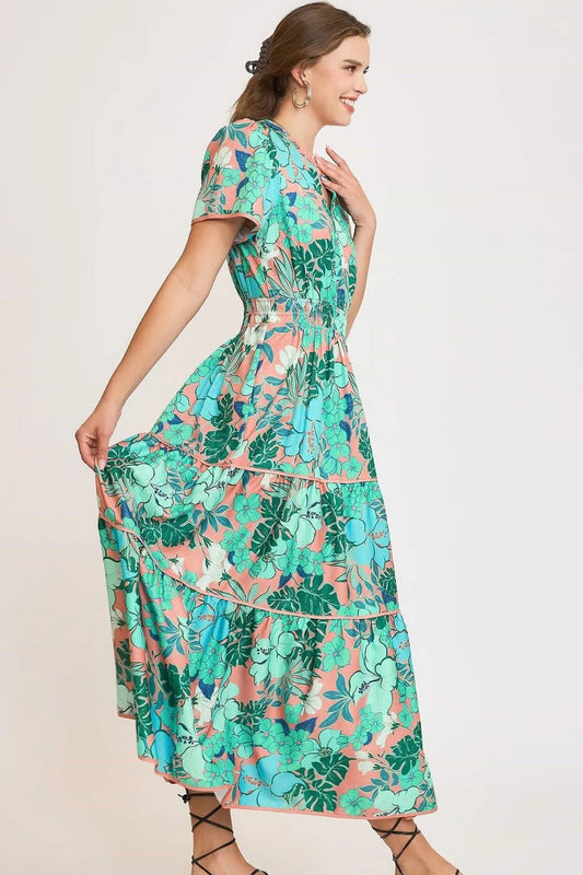 Full Size Printed Notched Short Sleeve Tiered Dress Plus Size - Teal - product view 2