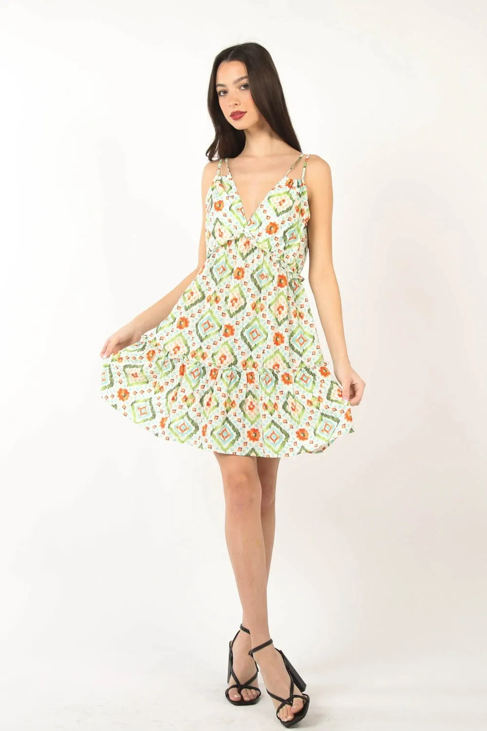Floral Back Smocked Ruffled Mini Dress in Green Multi - product view 6