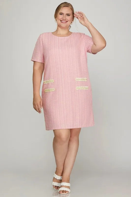 Full Size Short Sleeve Pearl Studded Trim Knit Tweed Dress Plus Size - Blush Pink - product view 4