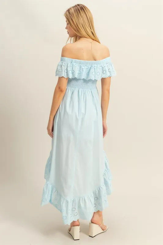 High-Low Eyelet Ruffled Off-Shoulder Dress in Pastel Blue - product view 4