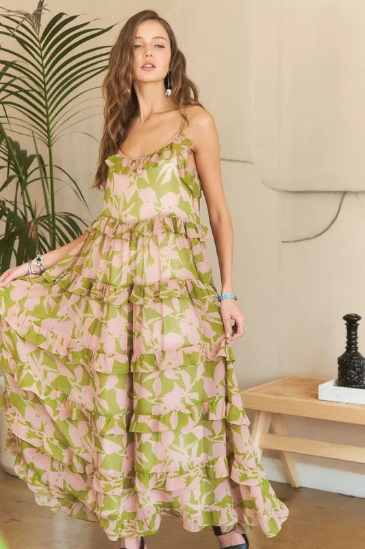 Ruffled Tiered Scoop Neck Cami Dress in Mauve Sage Combo - product view 7
