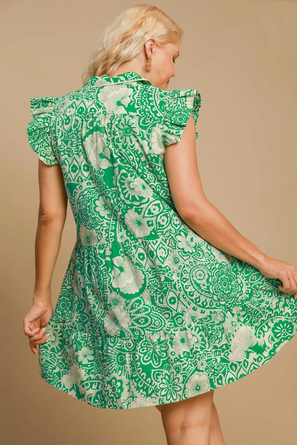 Full Size Printed Ruffle Cap Sleeve Babydoll Dress Plus Size - Green - product view 3