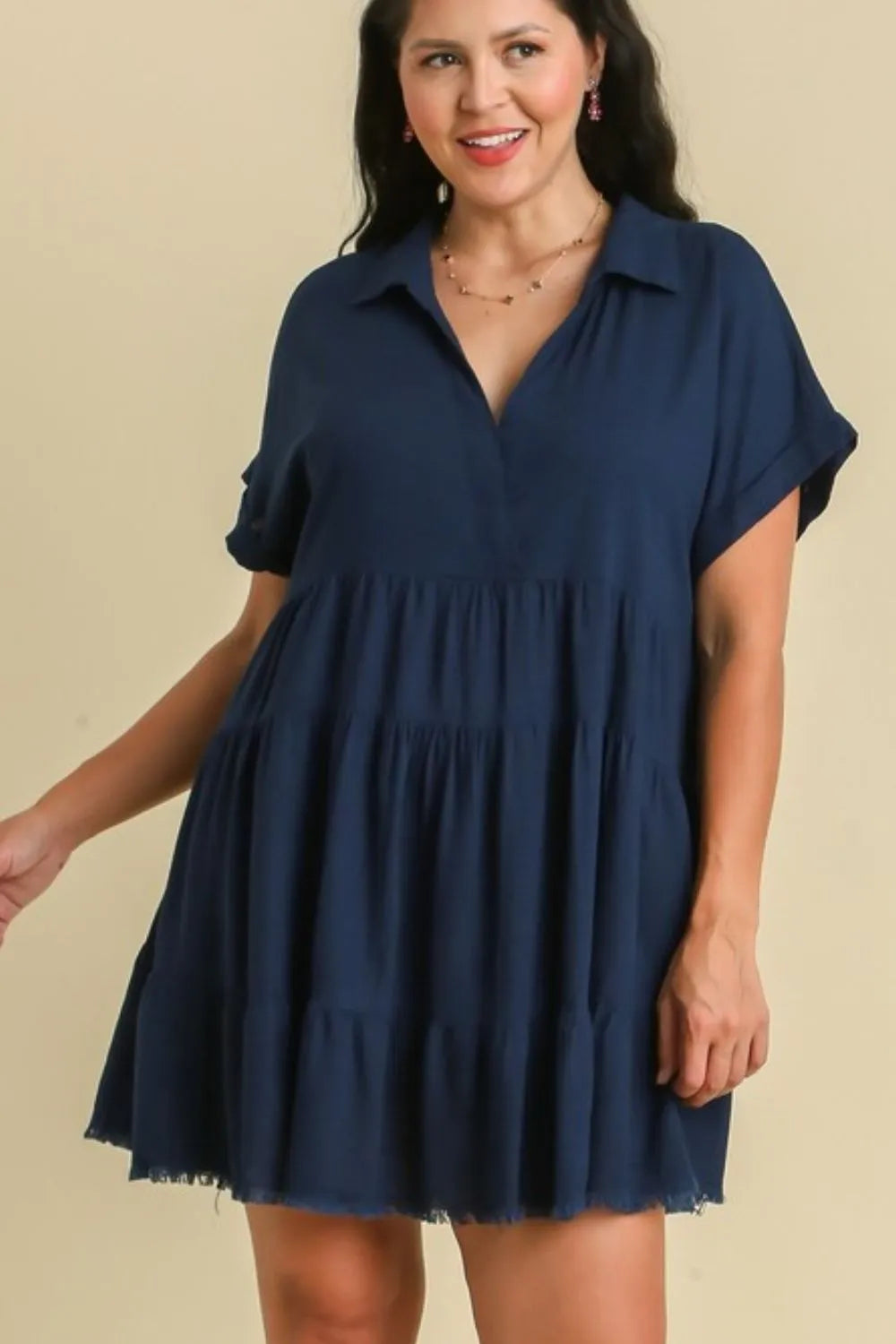 Full Size Raw Hem Folded Sleeve Tiered Dress Plus Size - Dark Navy - product view 4