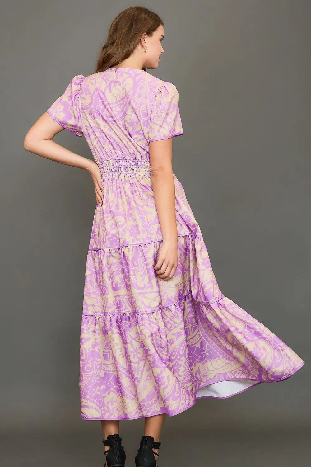 Full Size Printed Notched Short Sleeve Tiered Dress Plus Size - Heliotrope Purple - product view 3
