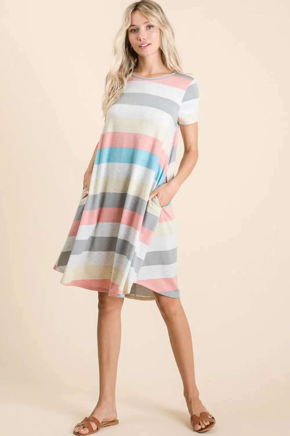 Striped Short Sleeve Dress with Pockets - Stripe - BOMBOM - Style 21310 - product view 5