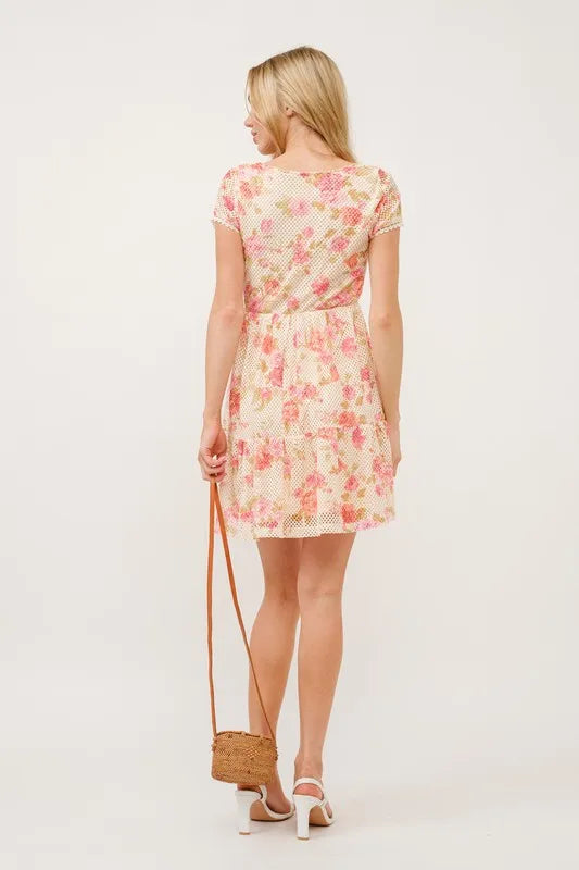 Square Neck Tiered Floral Fishnet Dress in Multi - product view 8
