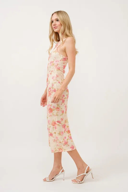 Floral Fishnet Bodycon Midi Dress in Multi - product view 2