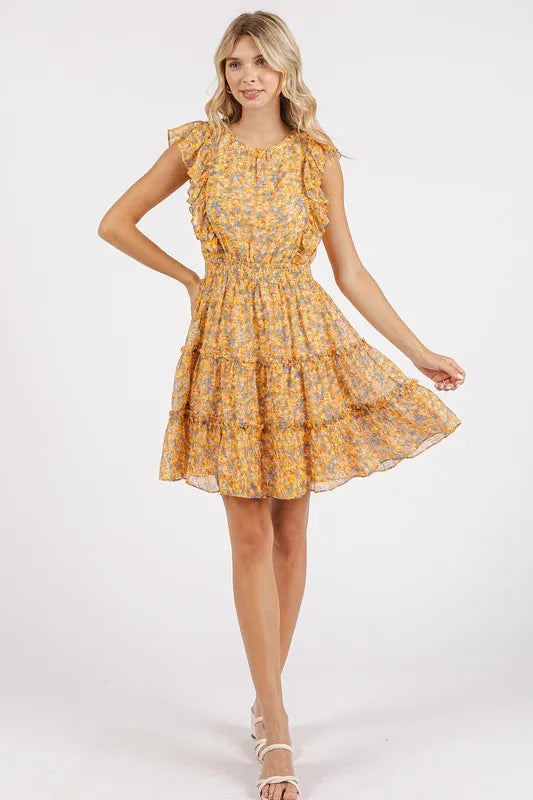 Ditsy Floral Print Ruffle Chiffon Mini Dress in Tangerine - product view 5