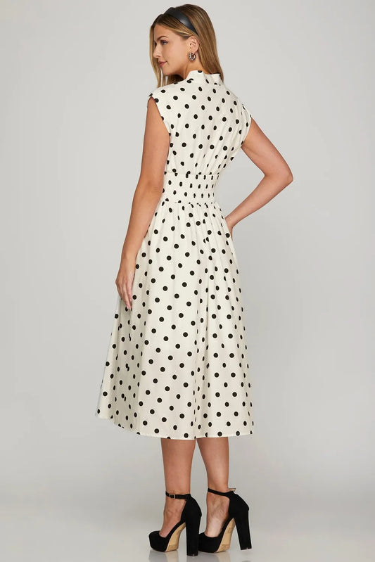 Front Zip Polka Dots Cap Sleeve Midi Dress - Off White - product view 2