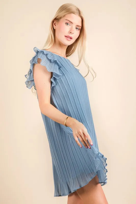 Plus Size Ruffle Sleeve Pleated Woven Mini Dress in Denim - product view 2