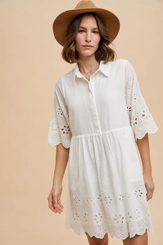 Embroidered Scallop Edge Detail Mini Shirt Dress - Ivory - product view 2