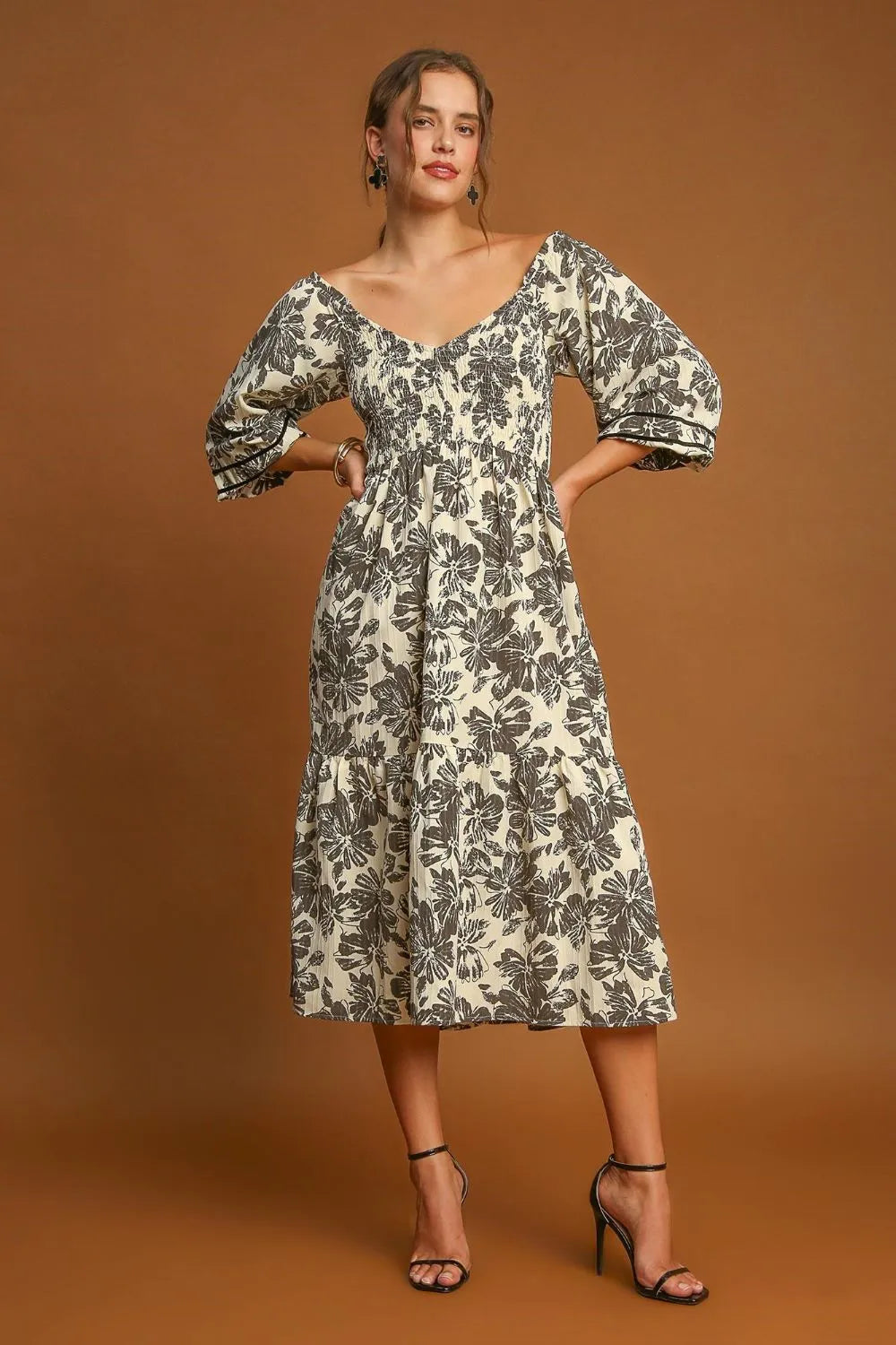 Ruffle Hem Flower Printed V-Neck Dress - Cream - product view 7