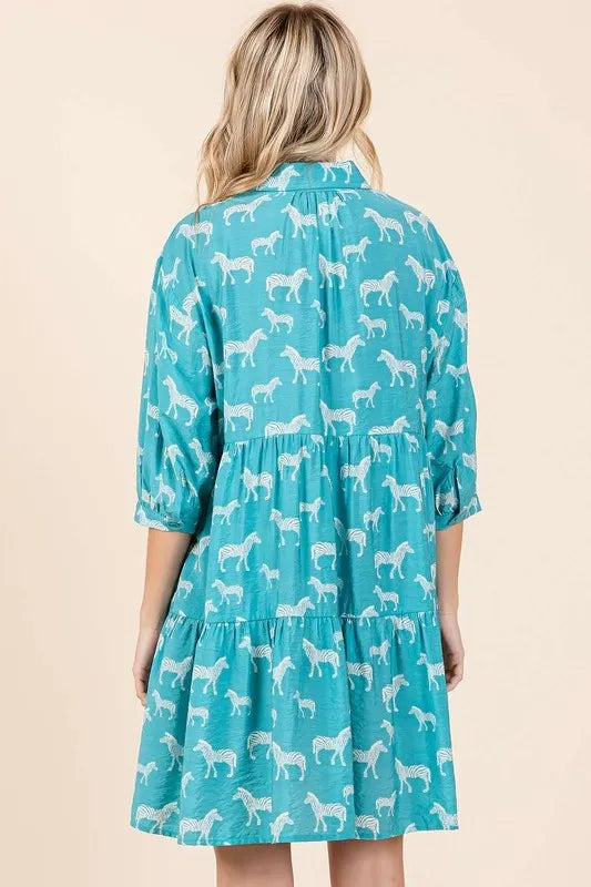Zebra Print Button Down Shirt Mini Dress - Seagreen - product view 2