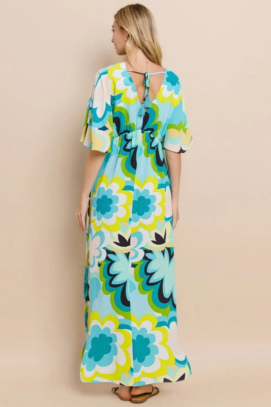 Floral Printed Slit Maxi Dress in Blue Yellow - product view 2