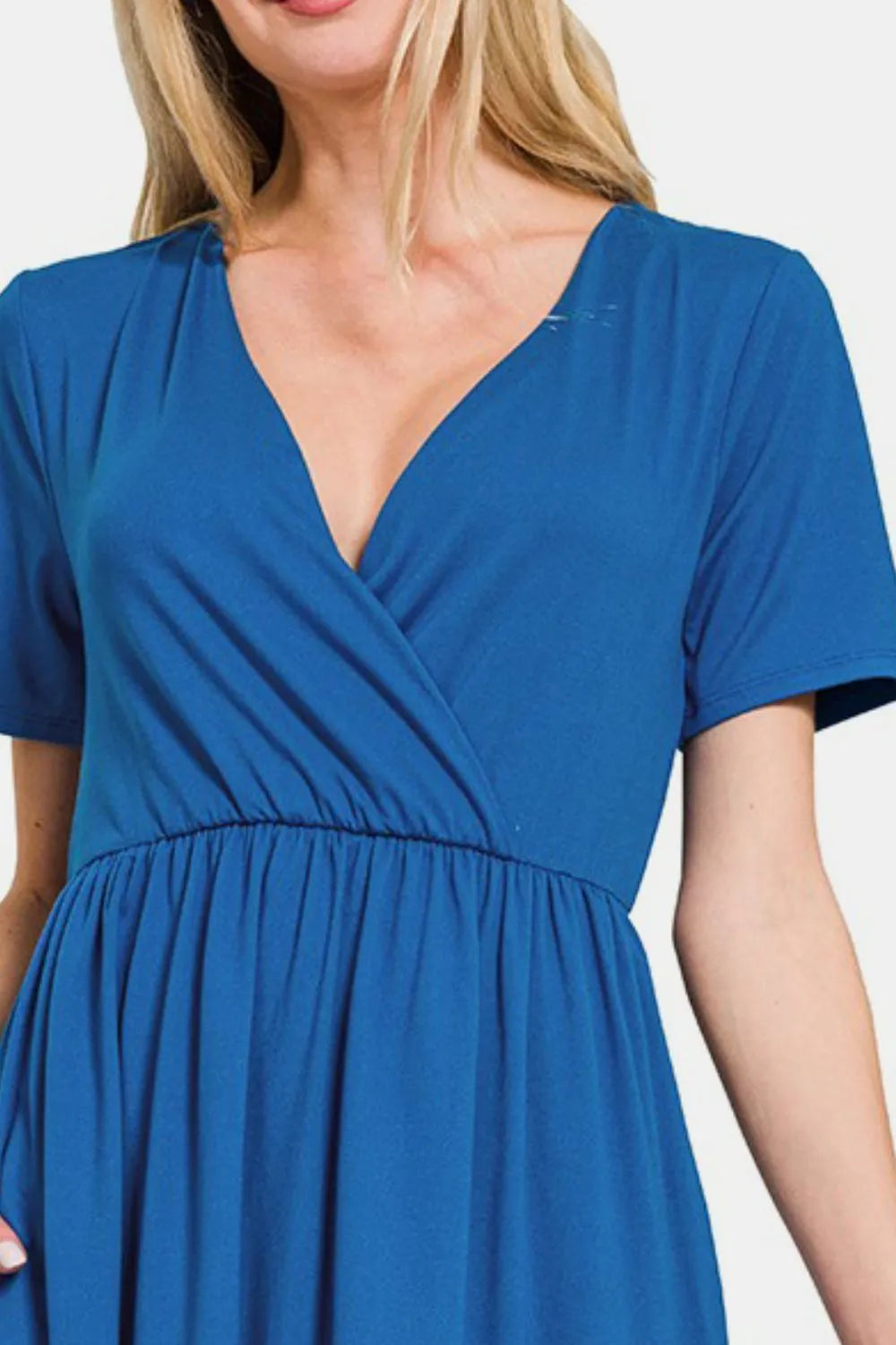 Surplice Short Sleeve Brushed DTY Dress - Classic Blue - product view 3