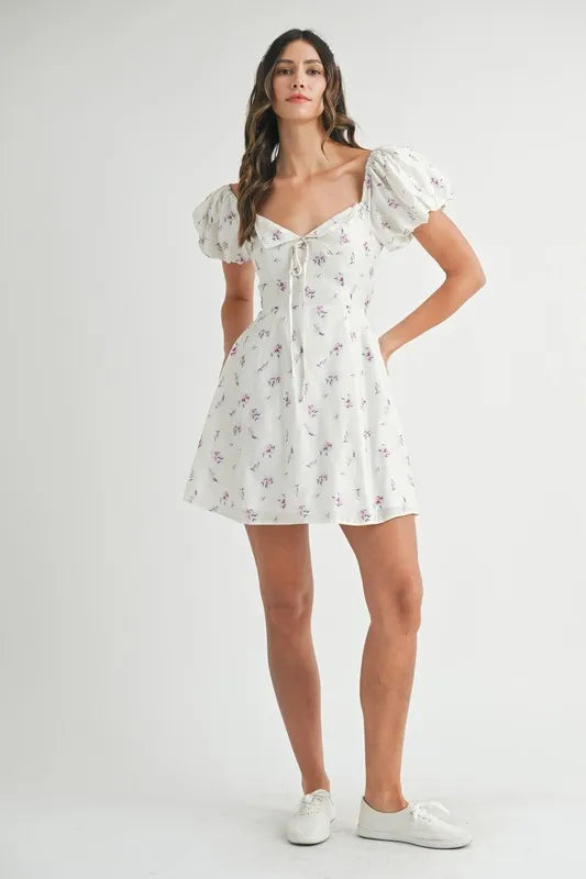 Floral Print Puff Sleeve Mini Dress - Off White - product view 13