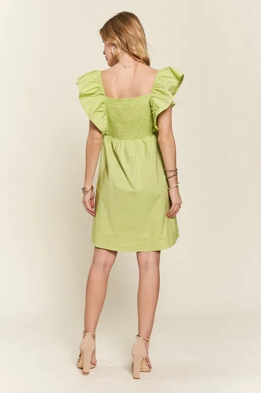 Smocked Back Ruffled Cap Sleeve Babydoll Dress in Lime - product view 7