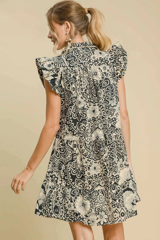 Full Size Printed Ruffle Cap Sleeve Babydoll Dress Plus Size - Black - product view 2