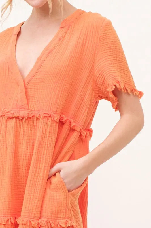 Washed Frayed Detail Tiered Dress - Orange - product view 6