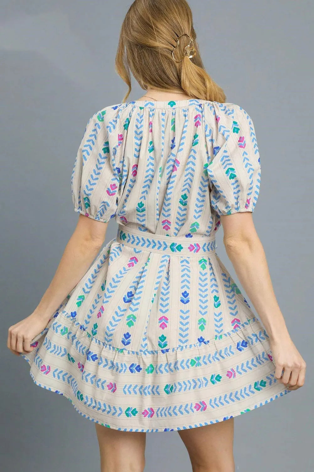 Printed Tie Waist Puff Short Sleeve Mini Dress - Ivory - product view 3