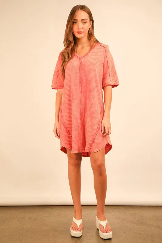 Plus Size Mineral Washed Ribbed Knit Mini Dress - Coral - product view 5