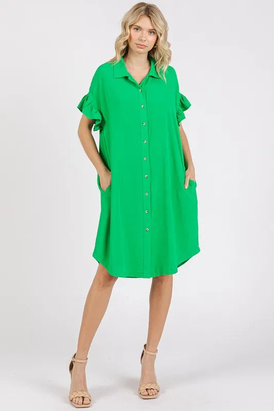 Button Down Flounce Sleeve Dress with Pockets - Green - product view 2