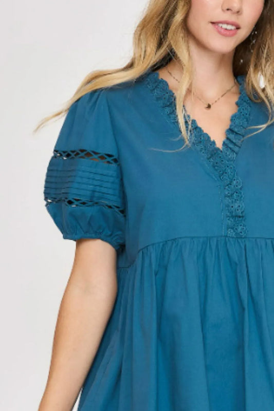 Full Size Lace Detail Puff Sleeve Mini Dress Plus Size in Cerulean - product view 2