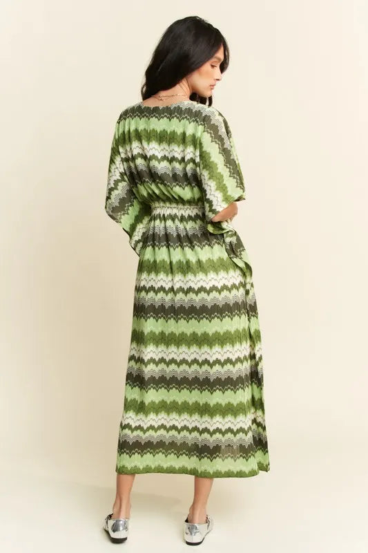 Multi Color Wavy Tie Waist Flowy Sleeve Dress - Sage Multi - product view 2