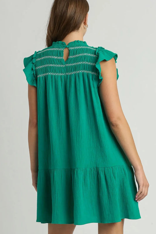 Full Size Smocked Contrast Stitching Ruffle Cap Sleeve Round Neck Dress Plus Size in Jade Green - product view 2