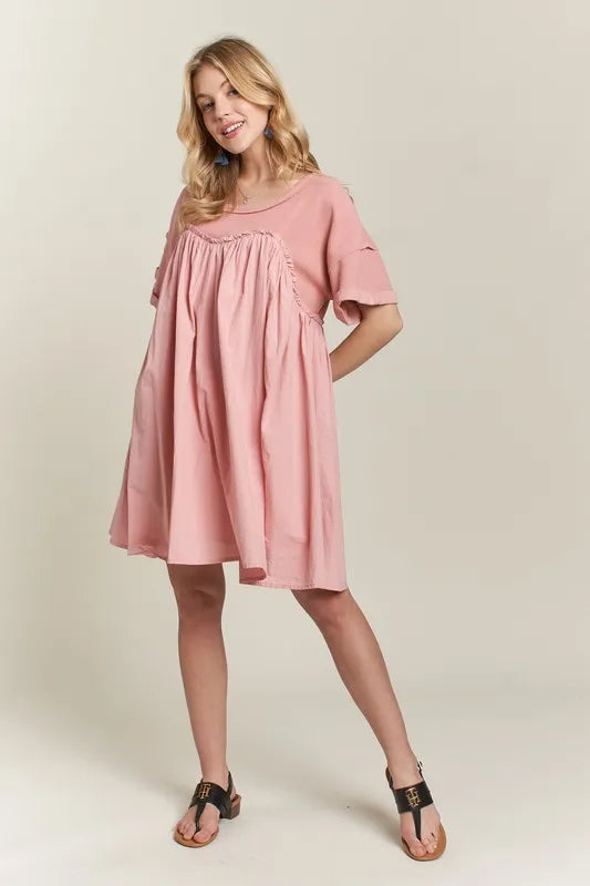 Round Neck Half Sleeve Babydoll Dress in Dusty Pink - product view 6
